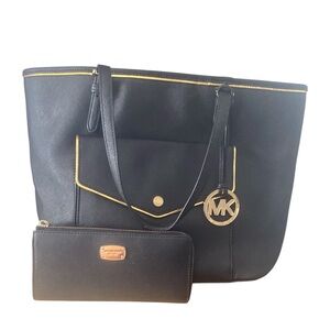 Michael Kors Black Tote with Gold Trim and Wallet